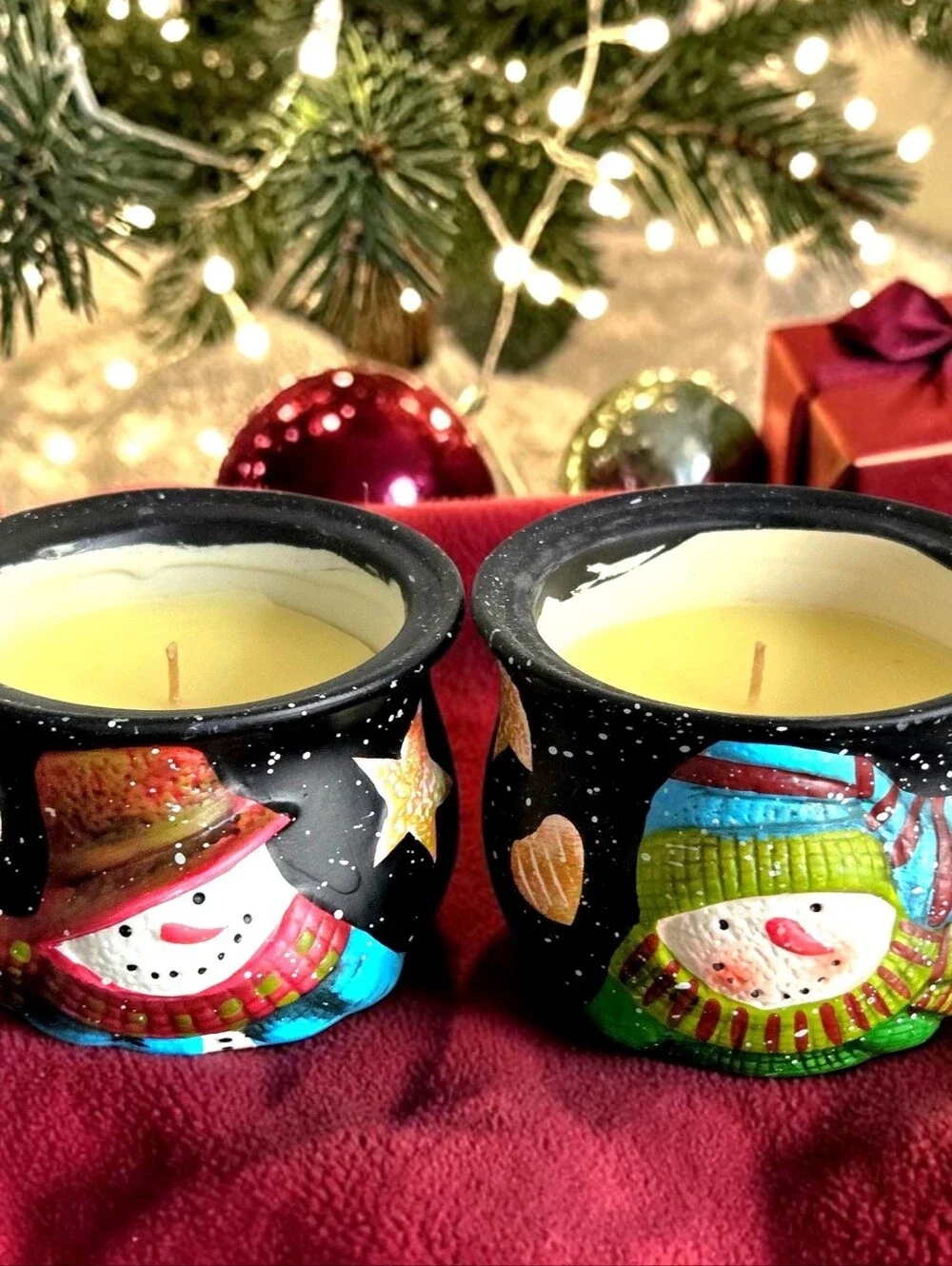 Susan Winget Set 2 Small Snowman Candle Crocks, New In Box Ceramic Holiday Decor